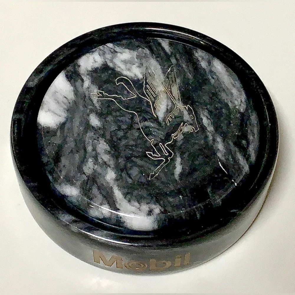 Vintage Executive Set of 2 Black Marble MOBIL Pegasus Logo Drink Coasters
